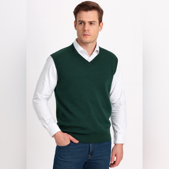 NWOT Turnbury Knit Extra Fine Merino Wool V-Neck Sweater Vest Green Size L - Picture 1 of 9